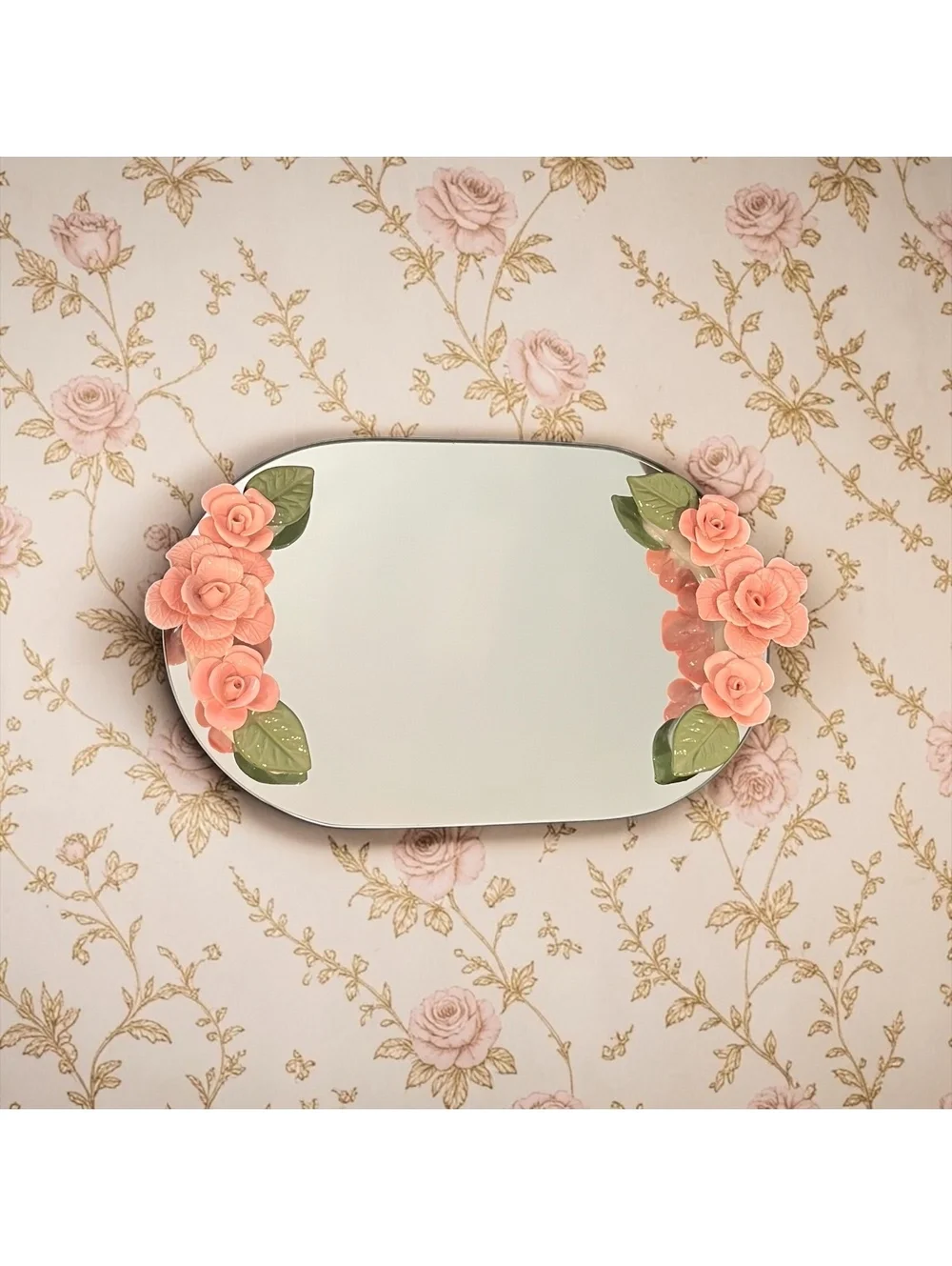 Vintage Pink Porcelain Rose Mirrored Vanity Tray Shabby Chic Cottagecore 13”